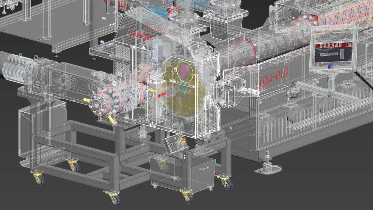 Gneuss Recyclinganlage in CAD-Optik direkt nach Datenimport ins 3D-Programm